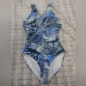 Swimwear by Cherrylane Australia One‎ Piece Swimsuit, Womens 8, Blue/White palm